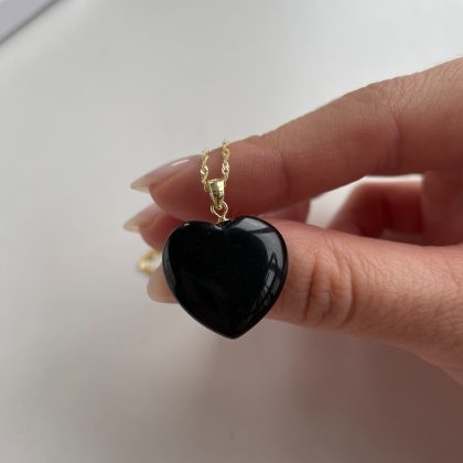 “Gold obsidian” Small Jet Black Obsidian heart pendant, gift for her, gold obsidian necklace