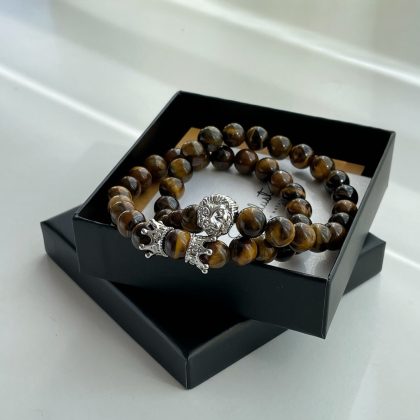 "Silver Lion" Tiger eye mens bracelet set silver lion zircon bracelet, Luxury Gift for him