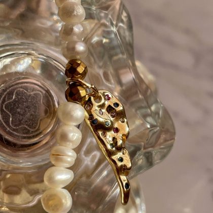 "Angel" - Luxury White Pearl bracelet, Gold Feather charm with CZ Diamonds