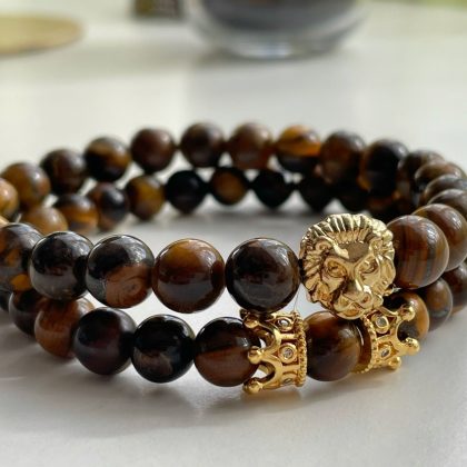 "Gold Lion" Tiger eye mens bracelet set gold lion zircon bracelet, Luxury Gift for him