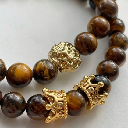 "Silver Lion" Tiger eye mens bracelet set gold lion zircon bracelet, Luxury Gift for him