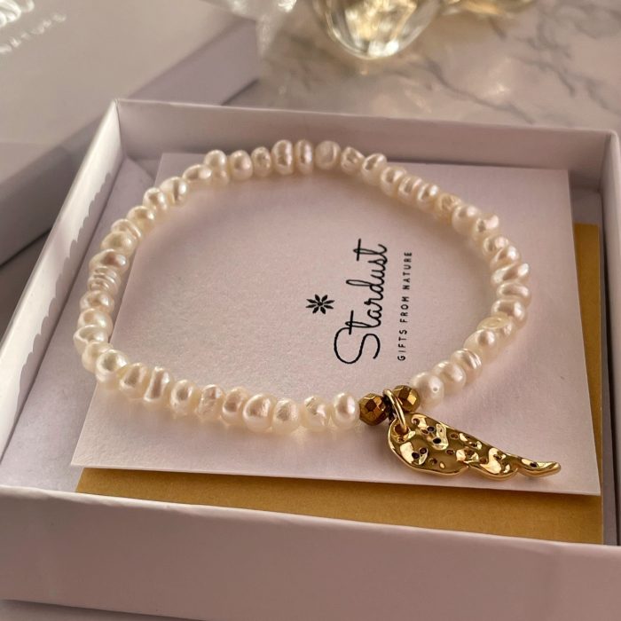 "Angel" - Luxury White Pearl bracelet, Gold Feather charm with CZ Diamonds