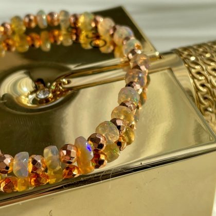 "Increasing love" - Luxury Fire Opal beaded bracelet 7-8mm, rose gold hematite spaces, Chakra Jewelry