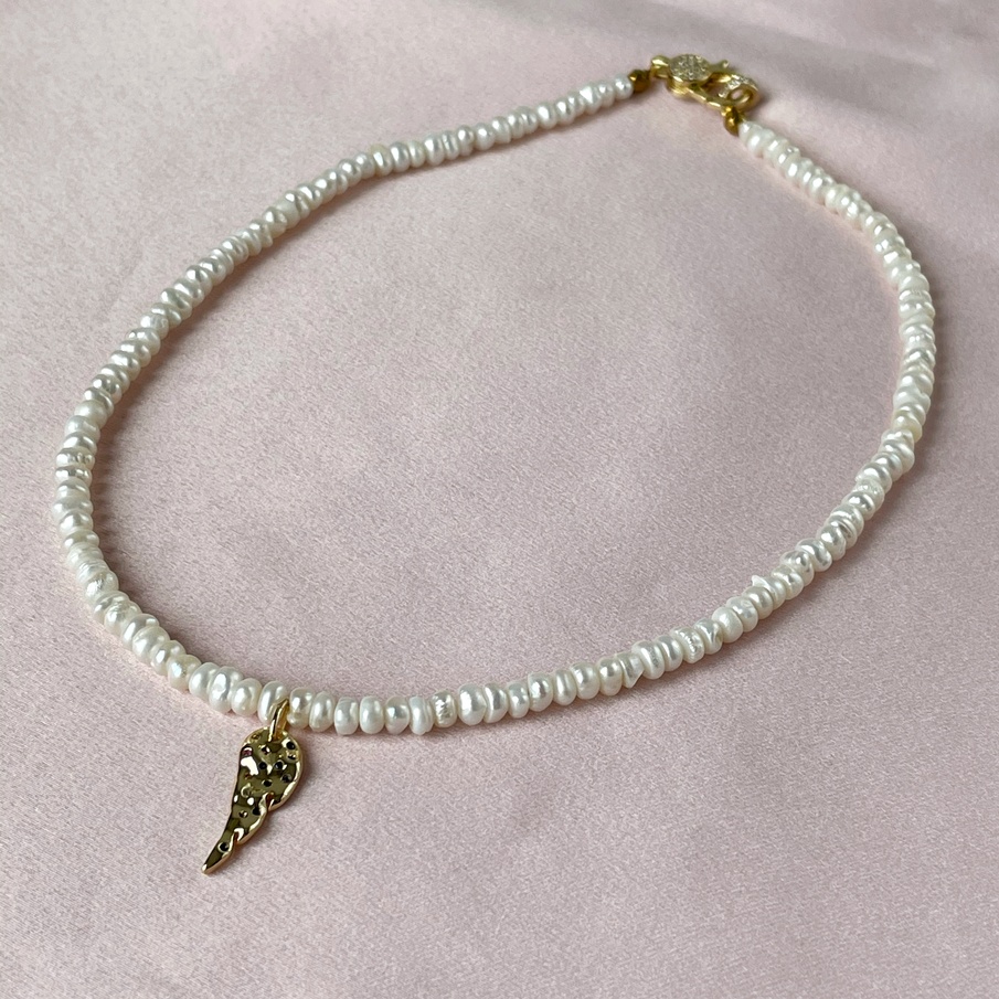 “Angel” – Luxury White Pearl bracelet, Gold Feather charm with CZ ...