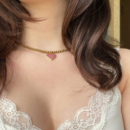 Gold hematite choker with pink zircon charm, luxury gift for her, natural gift for women, minimalist necklace gold