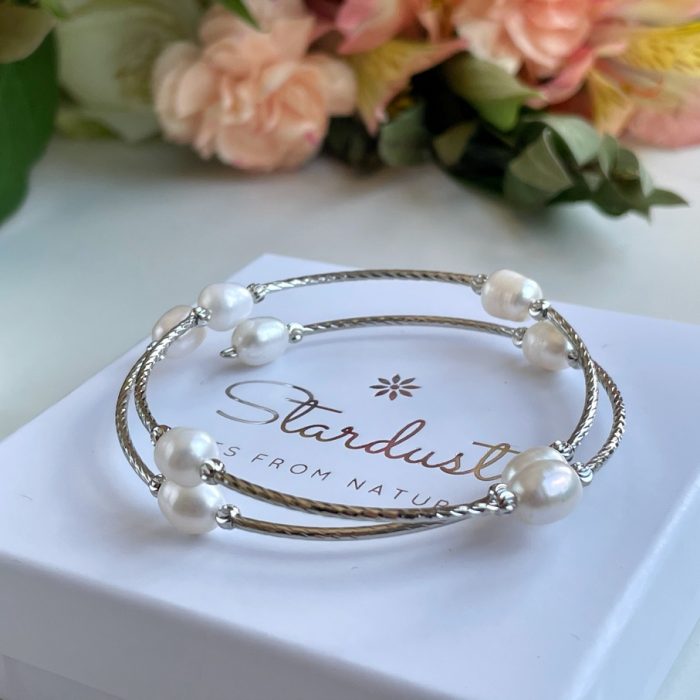"Innocence" Silver Bangle bracelet, White pearl bracelet, bridal jewellery