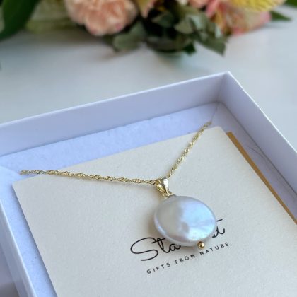 French style Flat Pearl pendant, 14k gold filled chain, white coin pearl pendant