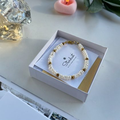 Delicate White Pearl bracelet with Gold hematite, bridesmaid gift