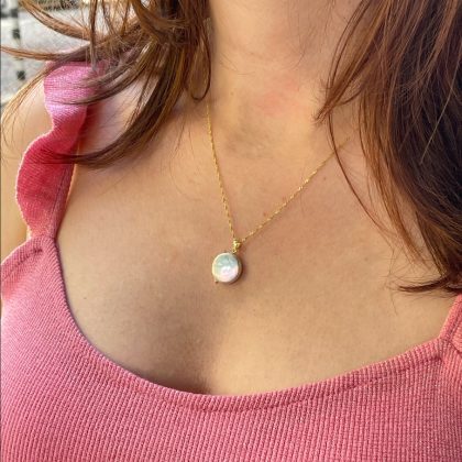 French style Flat Pearl pendant, 14k gold filled chain, white coin pearl pendant