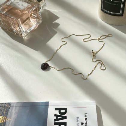 Natural round Garnet pendant necklace gold filled chain, polished garnet necklace