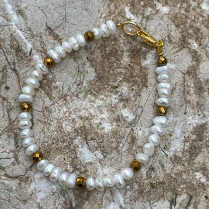 Beaded White Pearl bracelet with Gold hematite, bridesmaid gift