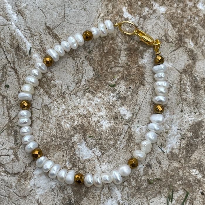 Beaded White Pearl bracelet with Gold hematite, bridesmaid gift