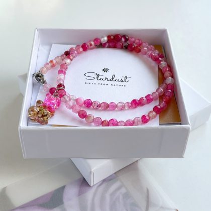 Pink Agate necklace with raisin bear, Tiny beaded Pink Agate choker for girl, gift for her