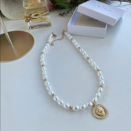 Pearl necklace with gold coin charm, gold coin necklace, manmade pearl necklace