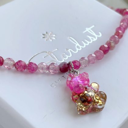 Pink Agate necklace with raisin bear, Tiny beaded Pink Agate choker for girl, gift for her