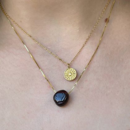 Natural round Garnet pendant necklace gold filled chain, polished garnet necklace