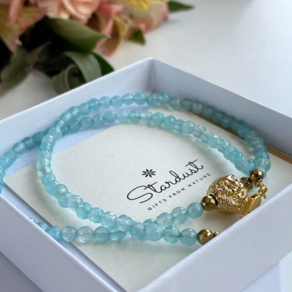 "Special" Aquamarine beaded bracelet with zircon charm, 14k gold filled bracelet, light blue minimalist bracelet