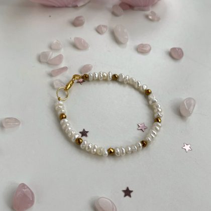 Delicate White Pearl bracelet with Gold hematite, bridesmaid gift