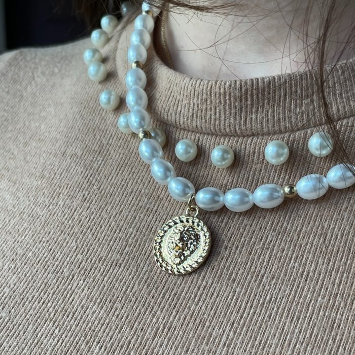 Pearl necklace with gold coin charm, gold coin necklace, manmade pearl necklace