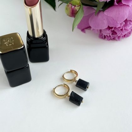 Shungite gold hoop earrings, luxury black mineral earrings, gift for girlfriend