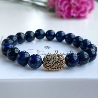 "Statement" Lapis Lazuli beaded bracelet with gold zircon charm, premium gift for women