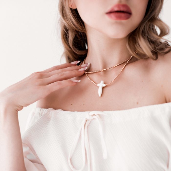 "Quiet elegance" - White Baroque pearl cross pendant, rose gold hematite necklace, luxury Gift For Women