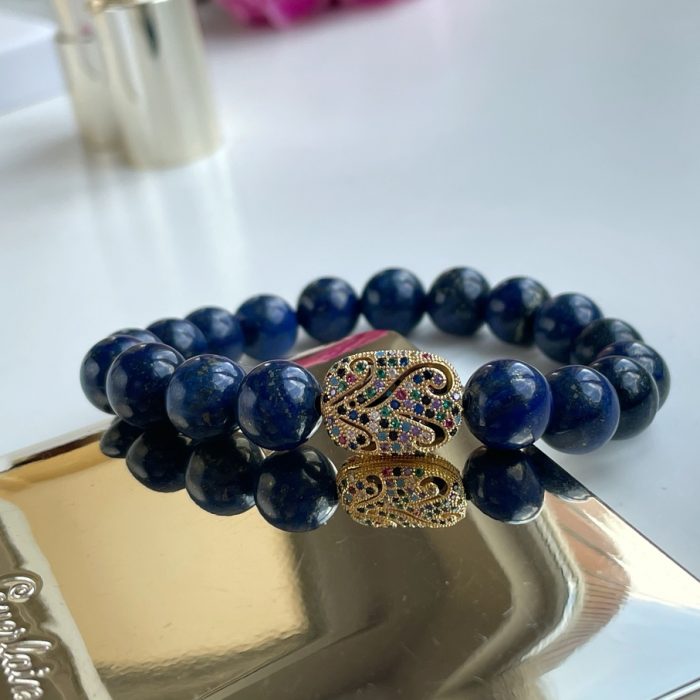 "Statement" Lapis Lazuli beaded bracelet with gold zircon charm, premium gift for women