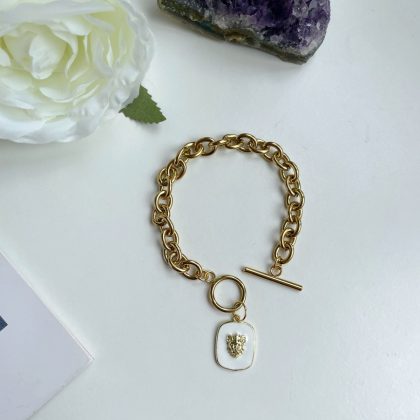 "Lion power" - Massive gold chain bracelet with White Enamel Lion charm, gold filled stainless steel chain, french style jewelry