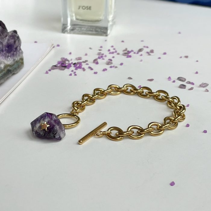 "Luxury magic" - Massive gold chain bracelet with Raw Amethyst, gold filled stainless steel chain, gift for girlfriend