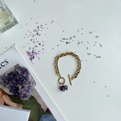 "Luxury magic" - Massive gold chain bracelet with Raw Amethyst, gold filled stainless steel chain, gift for girlfriend