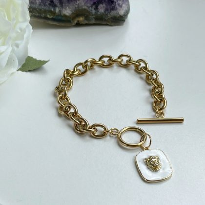 "Lion power" - Massive gold chain bracelet with White Enamel Lion charm, gold filled stainless steel chain, french style jewelry