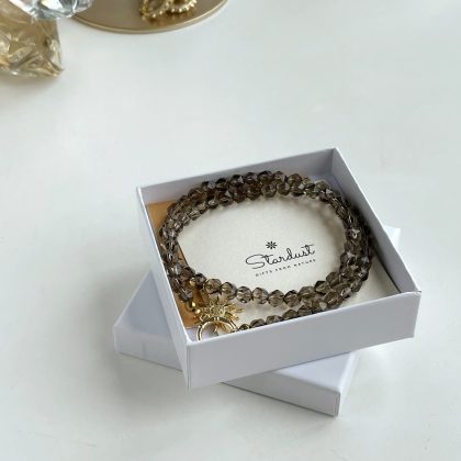 Luxury Smoky Quartz beaded necklace with gold Sun charm, luxury crystal jewelry