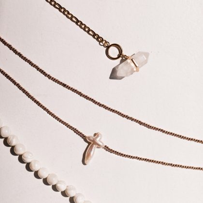 "Quiet elegance" - White Baroque pearl cross pendant, rose gold hematite necklace, luxury Gift For Women