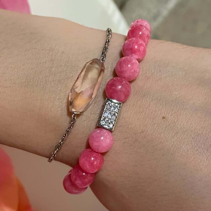 Rose Jade beaded bracelet, silver zircon bead, Pink Jade bracelet