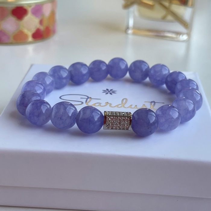 Lavender Jade beaded bracelet, silver zircon bead, Purple Jade bracelet