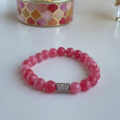 Rose Jade beaded bracelet, silver zircon bead, Pink Jade bracelet