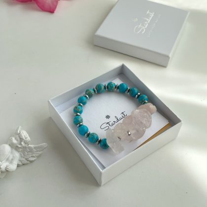 "Tranquility" Blue Sediment Jasper bracelet with raw rose quartz accent