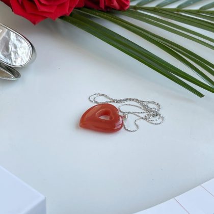 "Energy" - Large hand carved Carnelian Heart Pendant, Sterling Silver chain