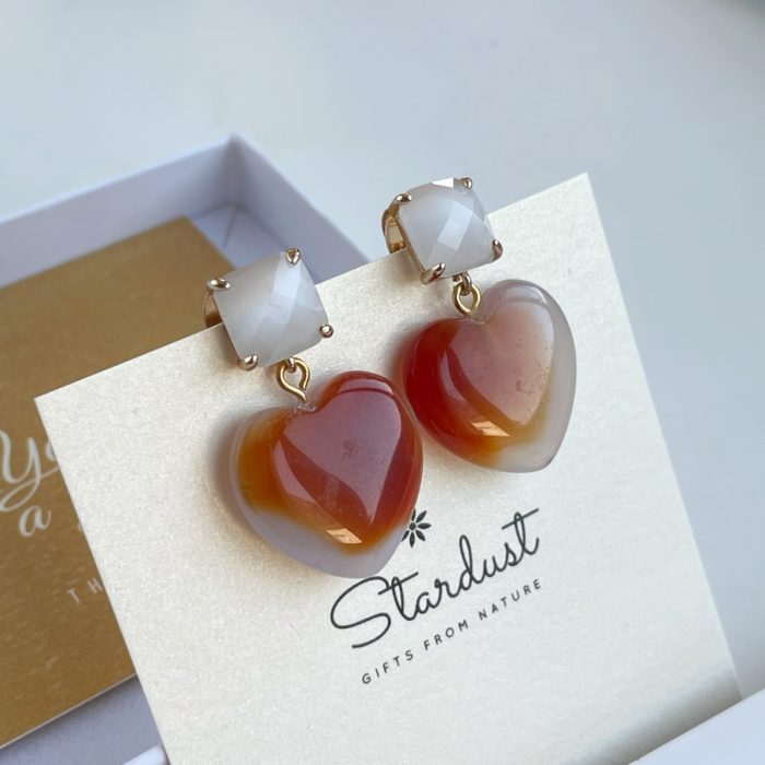 Cute heart Orange Carnelian Earrings with acrylic crystals, handmade earrings for her