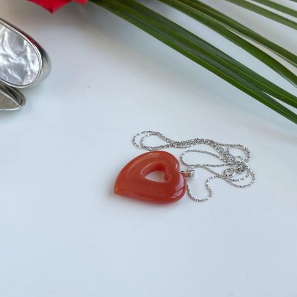 "Energy" - Large hand carved Carnelian Heart Pendant, Sterling Silver chain