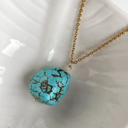 “Wealth attraction” large tumbled turquoise pendant gold filled chain