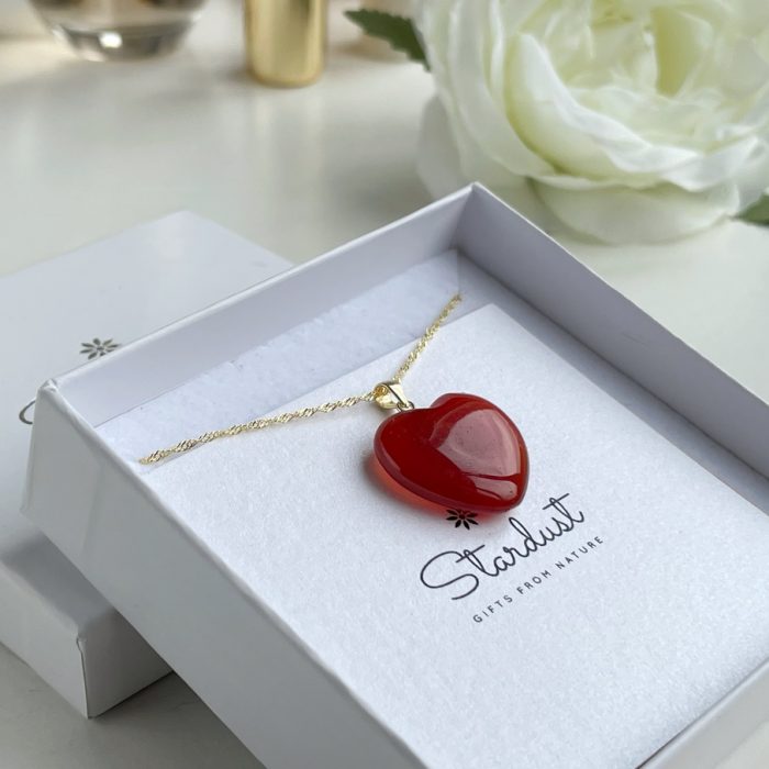 "Attraction" Carnelian heart Pendant, 18k Gold filled chain, Birthday gift for her,  deep orange carnelian pendant