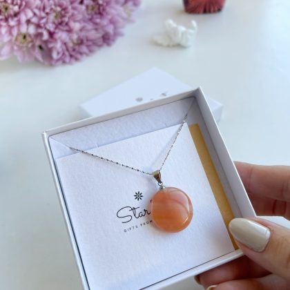 "Success" - Flat round Carnelian Pendant, Sterling Silver chain, light orange pendant gift for women, lithotherapy