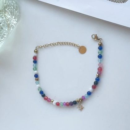 Tiny Colorful natural stone bracelet, 7 Chakra, gold star charm bracelet, Meditation, Gift For Women, healing bracelet
