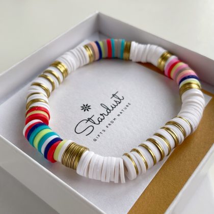 Heishi bead bracelet, Boho chic bracelet, White and gold heishi bracelet