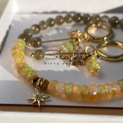 "Love energy"-Natural Fire Opal bracelet with labradorite and gold North Star charm October Birthstone