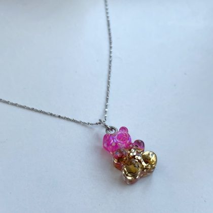 "Sweet dreams" - Sweet Pink Teddy Bear pendant with gold sparkles, raisin bear pendant silver chain
