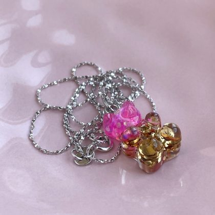 "Sweet dreams" - Sweet Pink Teddy Bear pendant with gold sparkles, raisin bear pendant silver chain