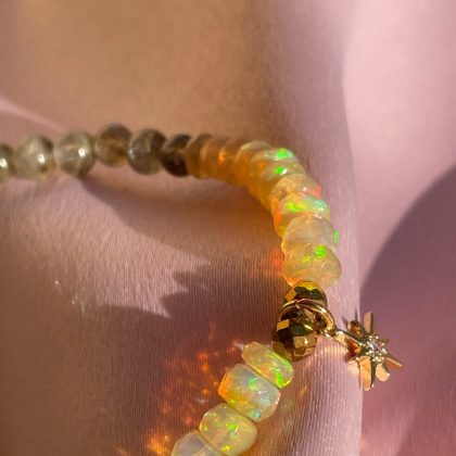 "Love energy"-Natural Fire Opal bracelet with labradorite and gold North Star charm October Birthstone