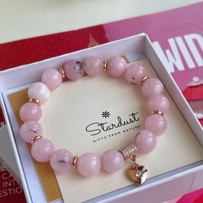 Pink rhodonite beaded bracelet, rose gold heart charm, natural rose jade bracelet